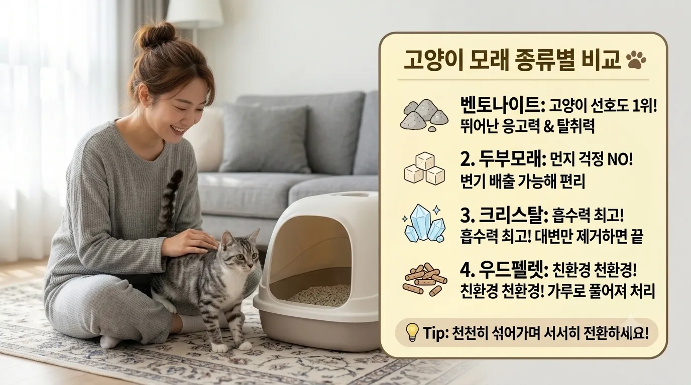 고양이 모래 종류별 비교 벤토나이트 두부 크리스탈 우드펠렛 장단점 총정리