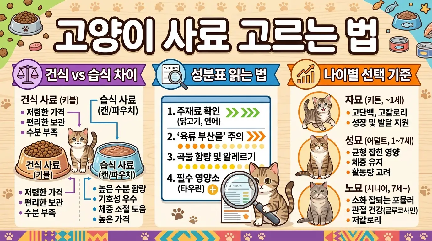 고양이 사료 고르는 법 건식 vs 습식 차이 성분표 읽는 법 나이별 선택 기준